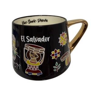 El Salvador Coffee Mug Black Gold Handle Folk Art Artisan Vive Sonrie Disfruta